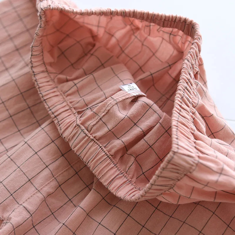 Spring New Couple Pajamas Two-Piece Plaid Short-Sleeved Shorts 100% Cotton Gauze Sleepwear