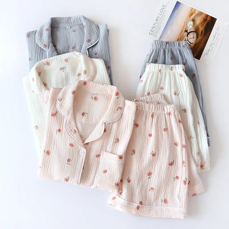Ladies Short-sleeved Shorts 100% Cotton Crepe Cloth Thin Home Service Two-piece Set