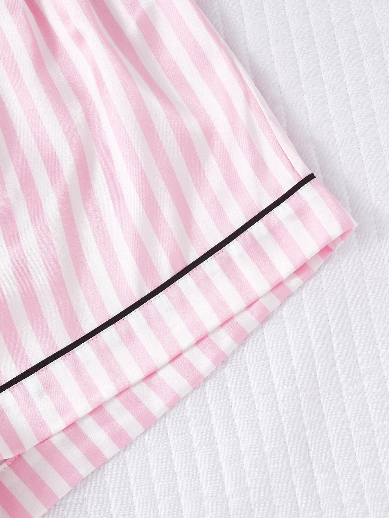 Satin Comfortable Soft Short Sleeve Striped Elastic Waist Loungewear