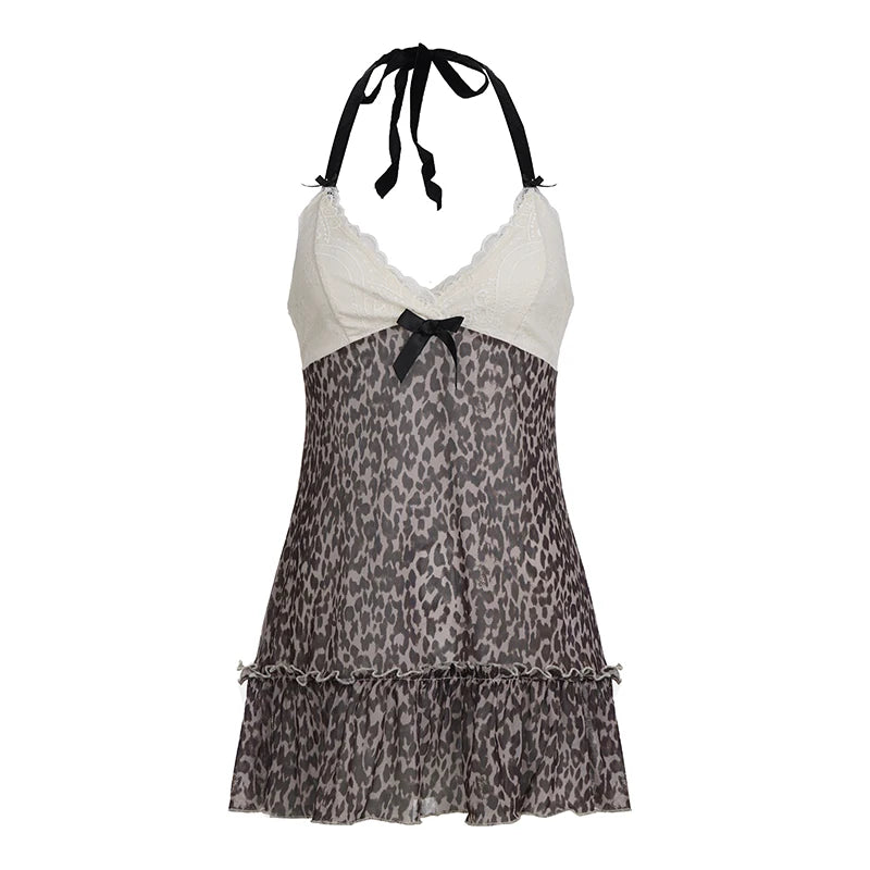 Y2K Leopard Print V-neck Sheer Mesh Insert Sweet Bow Tie Front