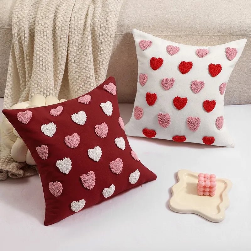 Embroidered Heart Love Cushion Pillow Cover Textured Tufted 3D Design