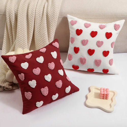 Embroidered Heart Love Cushion Pillow Cover Textured Tufted 3D Design