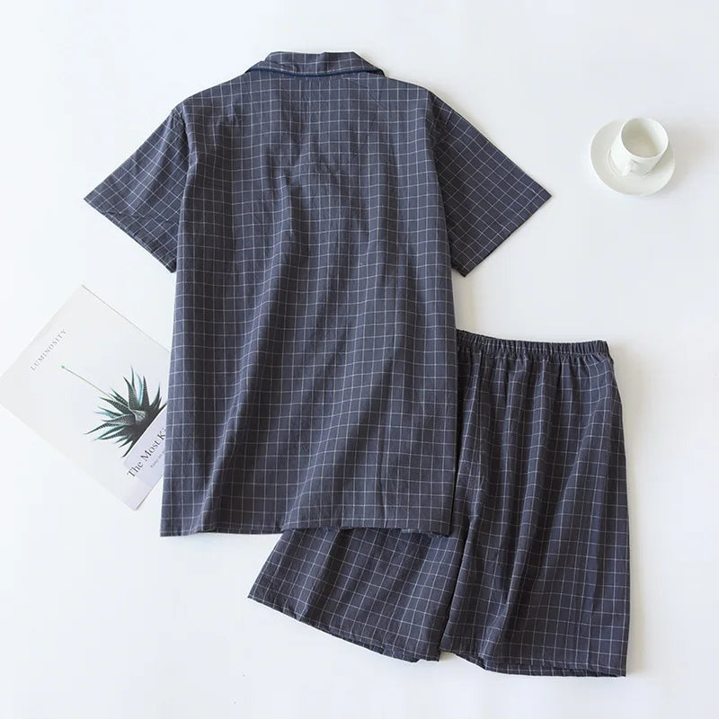 Spring New Couple Pajamas Two-Piece Plaid Short-Sleeved Shorts 100% Cotton Gauze Sleepwear