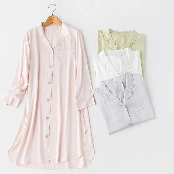 Women Long-sleeved Satin Pocket Sleep Dress