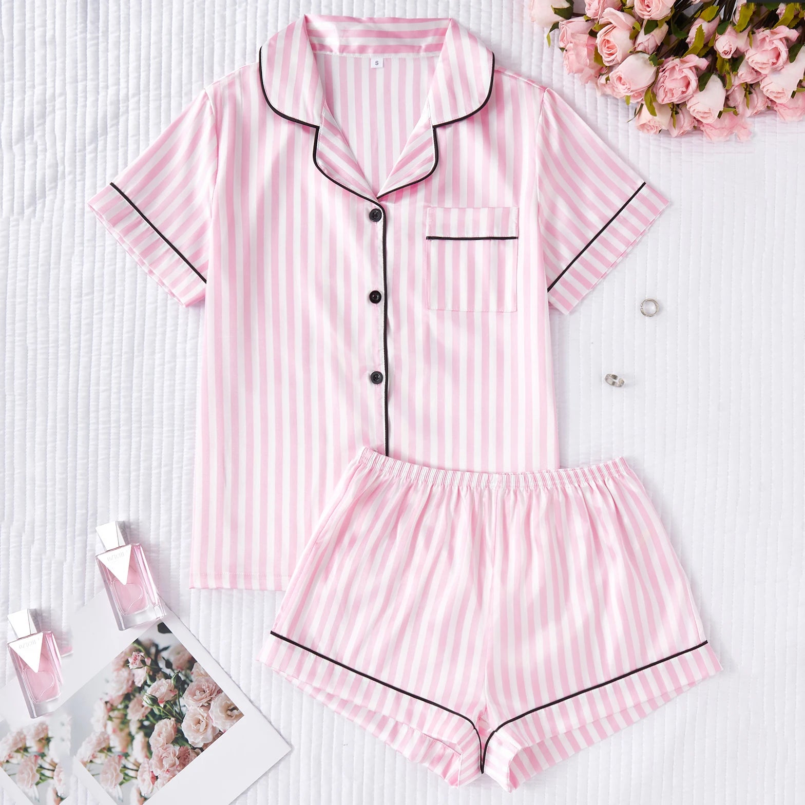 Satin Comfortable Soft Short Sleeve Striped Elastic Waist Loungewear