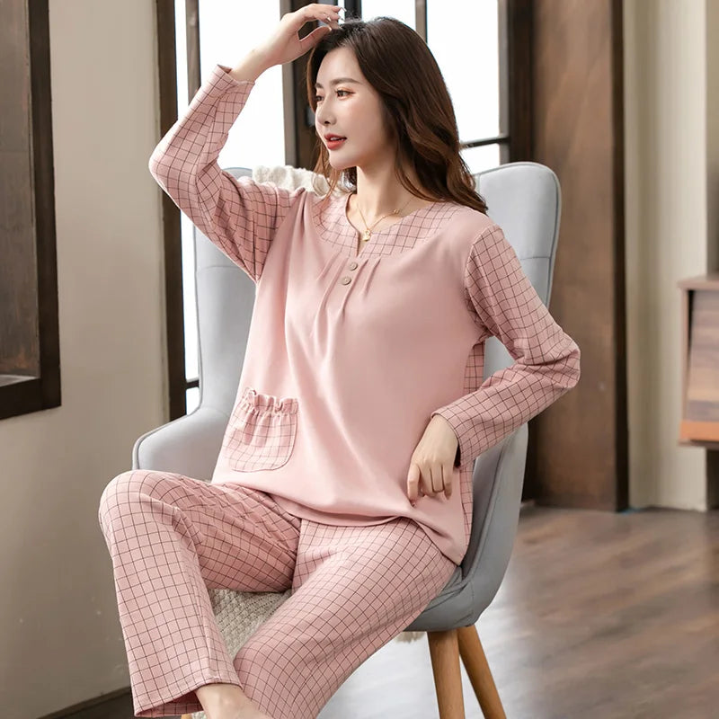 V-Neck Long Sleeve Floral Print Nightwear Cotton Sleepwear