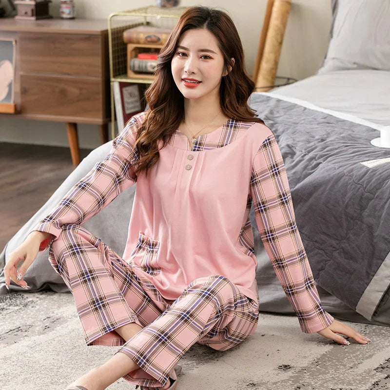 V-Neck Long Sleeve Floral Print Nightwear Cotton Sleepwear