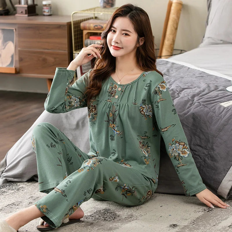 V-Neck Long Sleeve Floral Print Nightwear Cotton Sleepwear