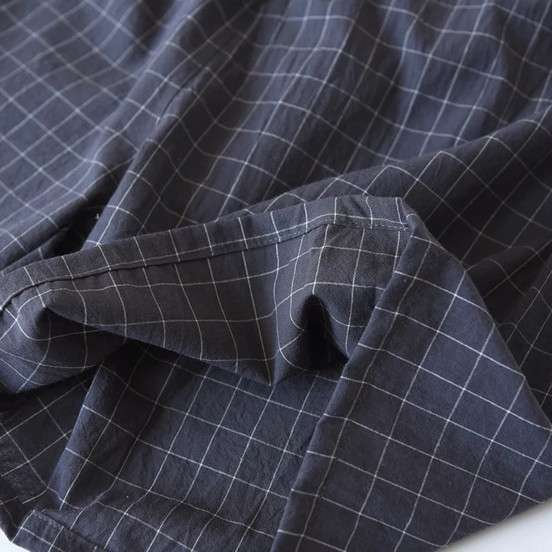 Spring New Couple Pajamas Two-Piece Plaid Short-Sleeved Shorts 100% Cotton Gauze Sleepwear
