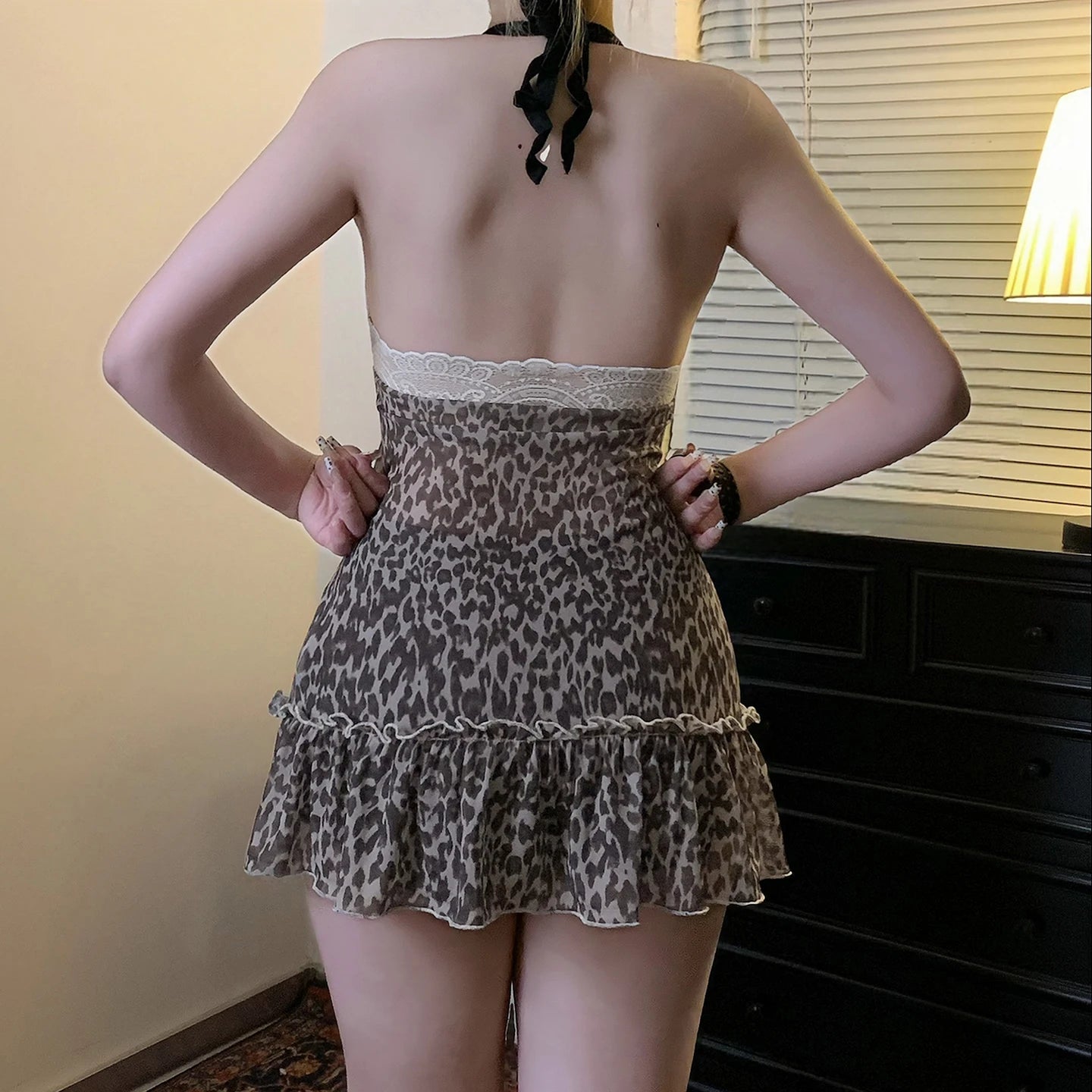 Y2K Leopard Print V-neck Sheer Mesh Insert Sweet Bow Tie Front