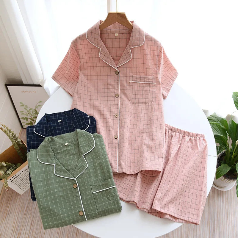 Spring New Couple Pajamas Two-Piece Plaid Short-Sleeved Shorts 100% Cotton Gauze Sleepwear