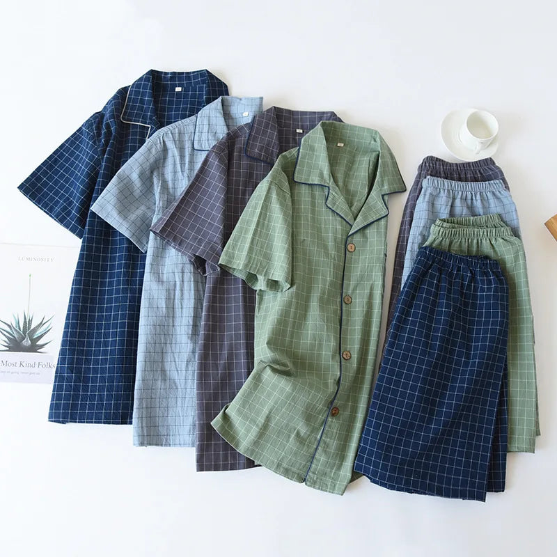 Spring New Couple Pajamas Two-Piece Plaid Short-Sleeved Shorts 100% Cotton Gauze Sleepwear