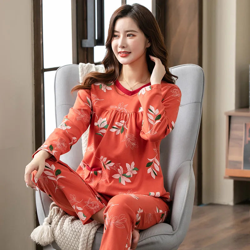 V-Neck Long Sleeve Floral Print Nightwear Cotton Sleepwear