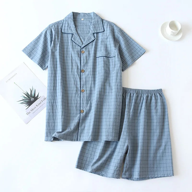 Spring New Couple Pajamas Two-Piece Plaid Short-Sleeved Shorts 100% Cotton Gauze Sleepwear