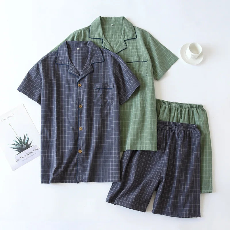 Spring New Couple Pajamas Two-Piece Plaid Short-Sleeved Shorts 100% Cotton Gauze Sleepwear