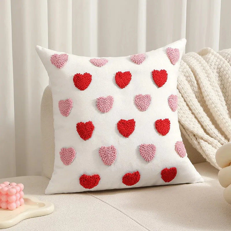 Embroidered Heart Love Cushion Pillow Cover Textured Tufted 3D Design