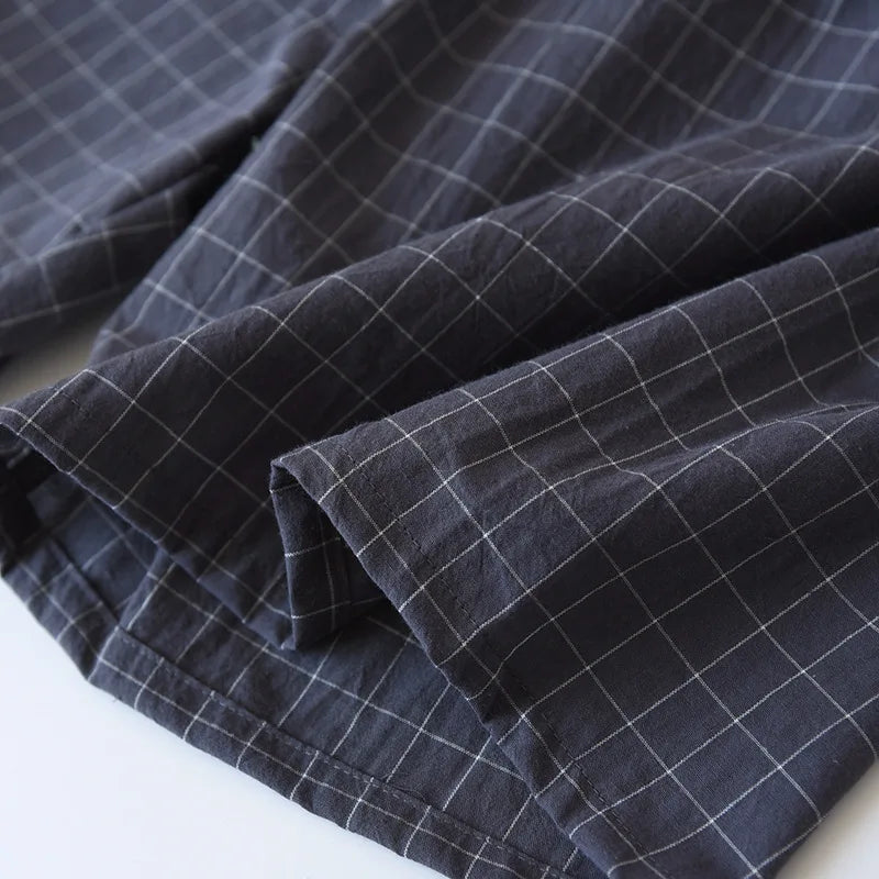 Spring New Couple Pajamas Two-Piece Plaid Short-Sleeved Shorts 100% Cotton Gauze Sleepwear