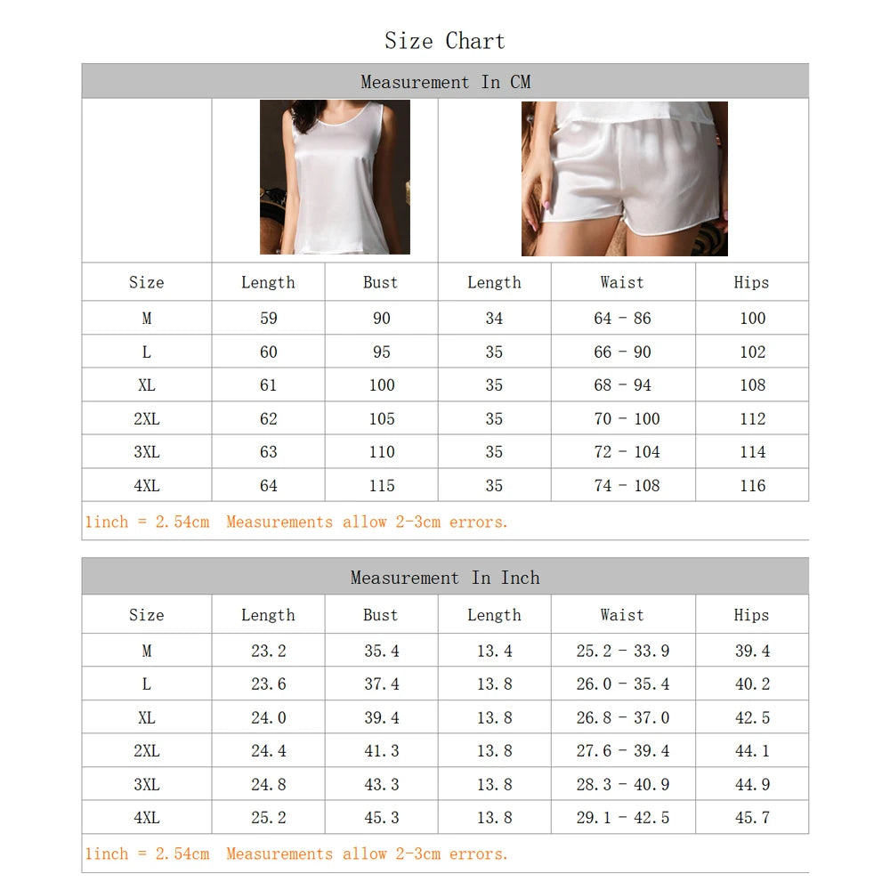 Ladies 100% Mulberry Silk Pajamas Set Sleepwear Shorts and Tank Top