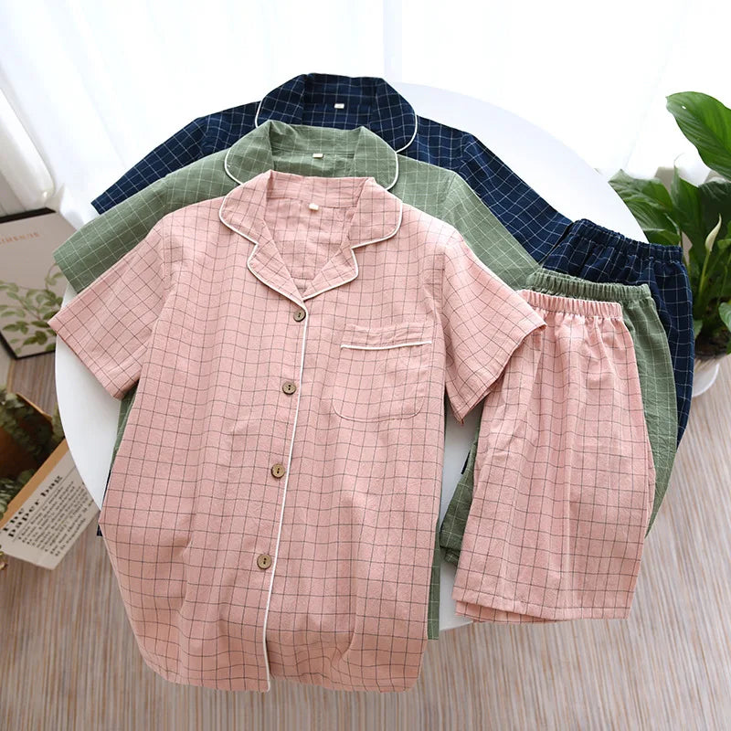 Spring New Couple Pajamas Two-Piece Plaid Short-Sleeved Shorts 100% Cotton Gauze Sleepwear