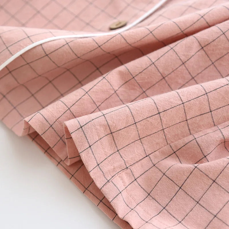 Spring New Couple Pajamas Two-Piece Plaid Short-Sleeved Shorts 100% Cotton Gauze Sleepwear