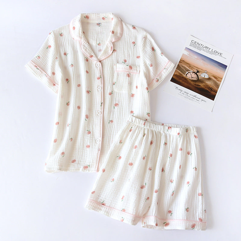 Ladies Short-sleeved Shorts 100% Cotton Crepe Cloth Thin Home Service Two-piece Set