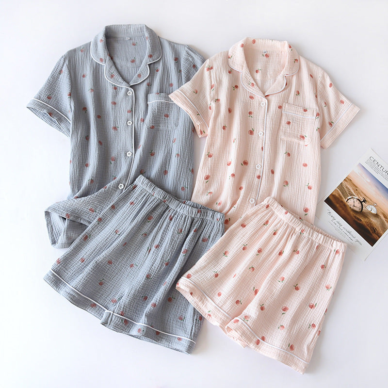 Ladies Short-sleeved Shorts 100% Cotton Crepe Cloth Thin Home Service Two-piece Set