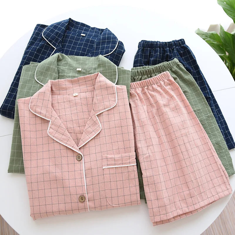 Spring New Couple Pajamas Two-Piece Plaid Short-Sleeved Shorts 100% Cotton Gauze Sleepwear