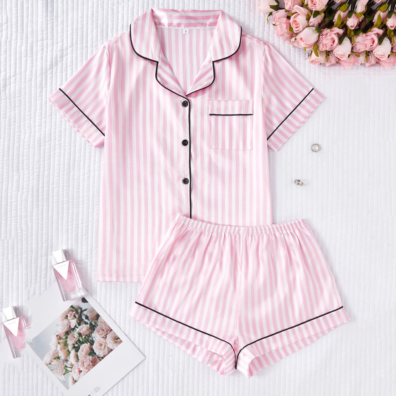 Satin Comfortable Soft Short Sleeve Striped Elastic Waist Loungewear