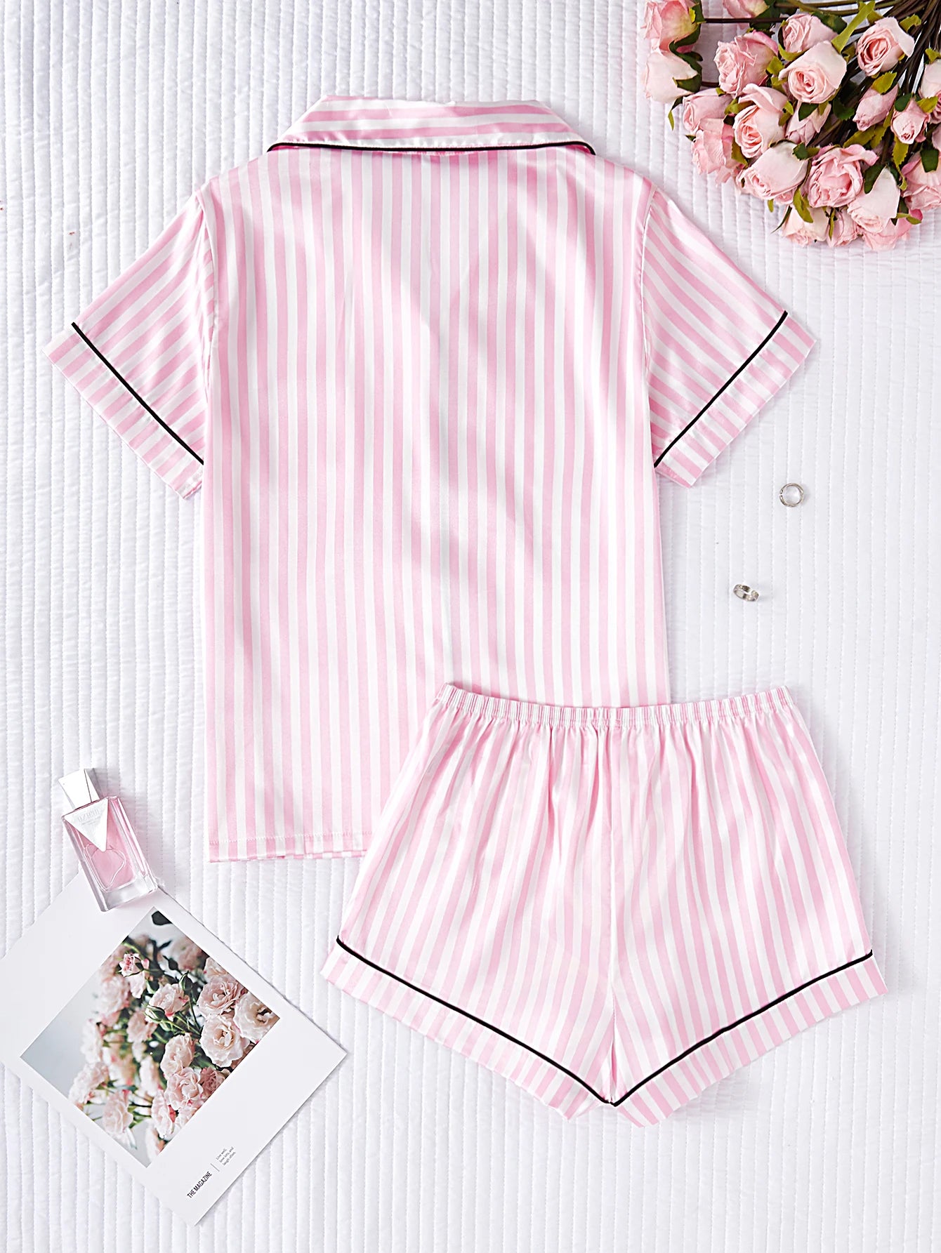 Satin Comfortable Soft Short Sleeve Striped Elastic Waist Loungewear