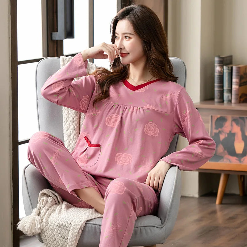 V-Neck Long Sleeve Floral Print Nightwear Cotton Sleepwear