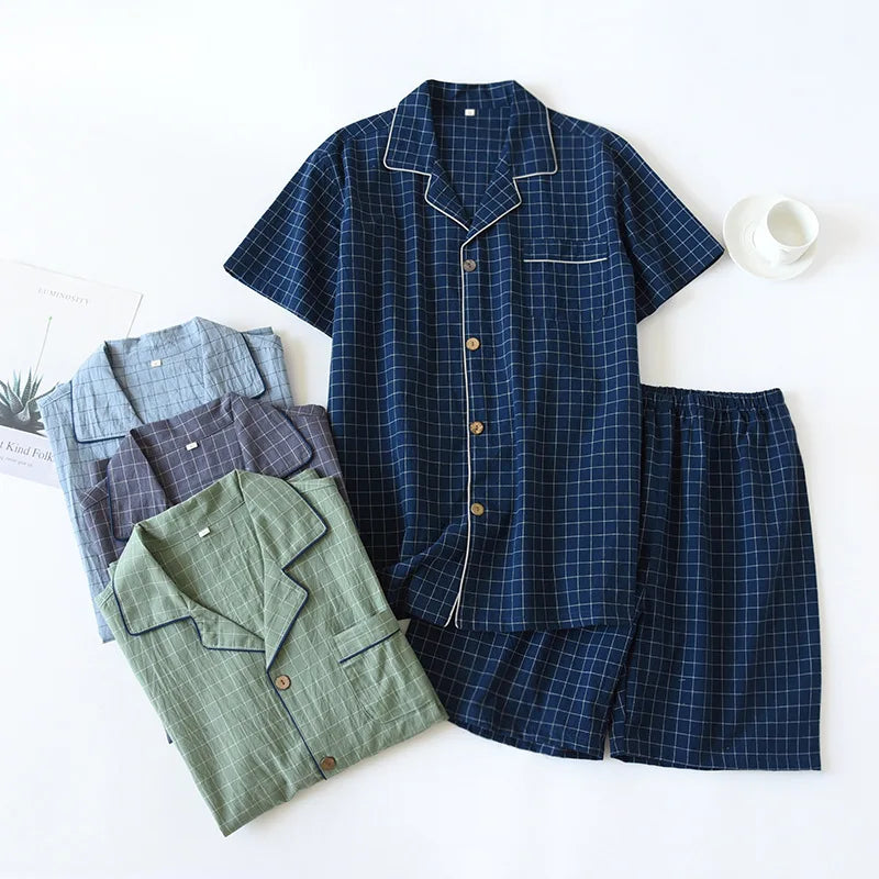 Spring New Couple Pajamas Two-Piece Plaid Short-Sleeved Shorts 100% Cotton Gauze Sleepwear