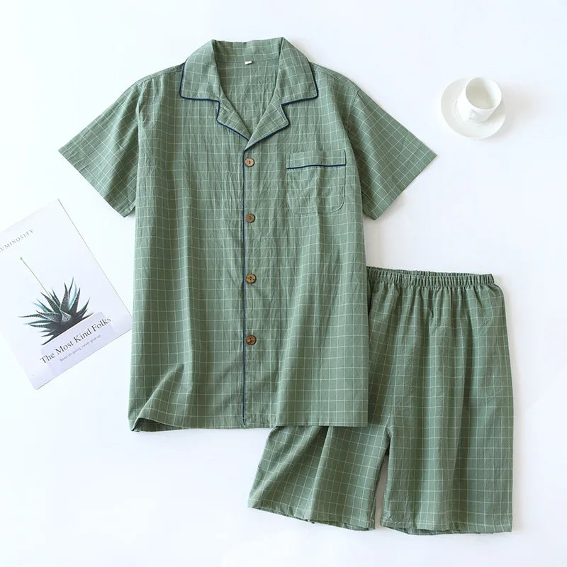 Spring New Couple Pajamas Two-Piece Plaid Short-Sleeved Shorts 100% Cotton Gauze Sleepwear