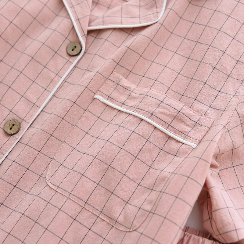 Spring New Couple Pajamas Two-Piece Plaid Short-Sleeved Shorts 100% Cotton Gauze Sleepwear