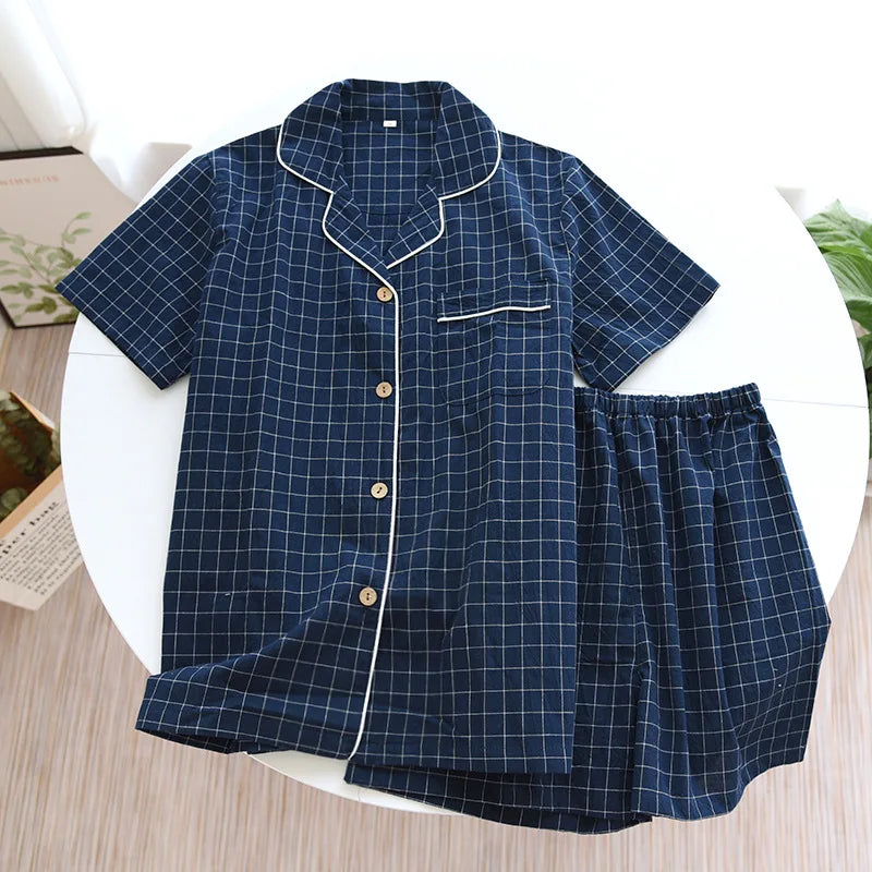 Spring New Couple Pajamas Two-Piece Plaid Short-Sleeved Shorts 100% Cotton Gauze Sleepwear