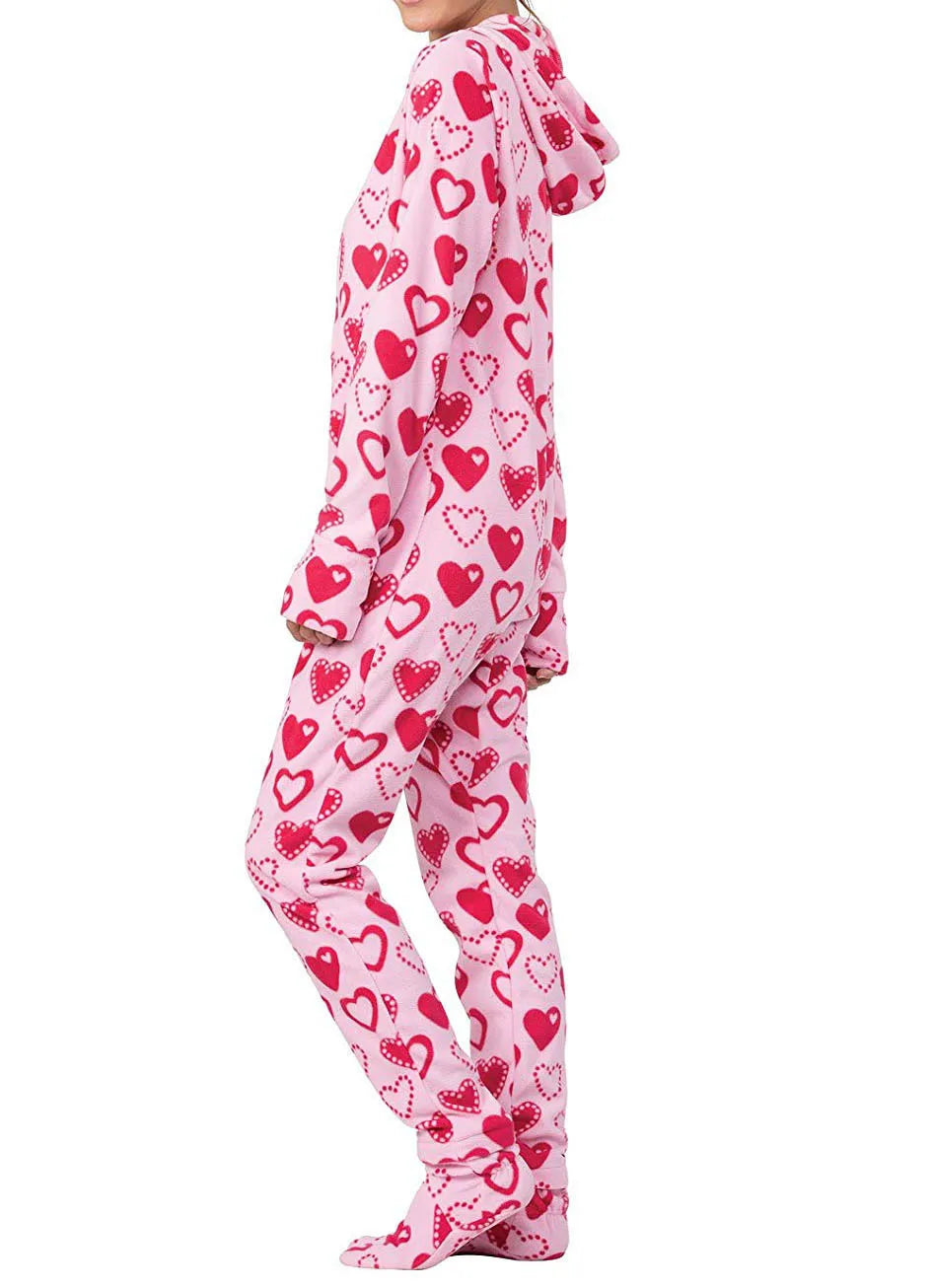 Red Hearts Pink Fleece Onesie Footed Pajamas