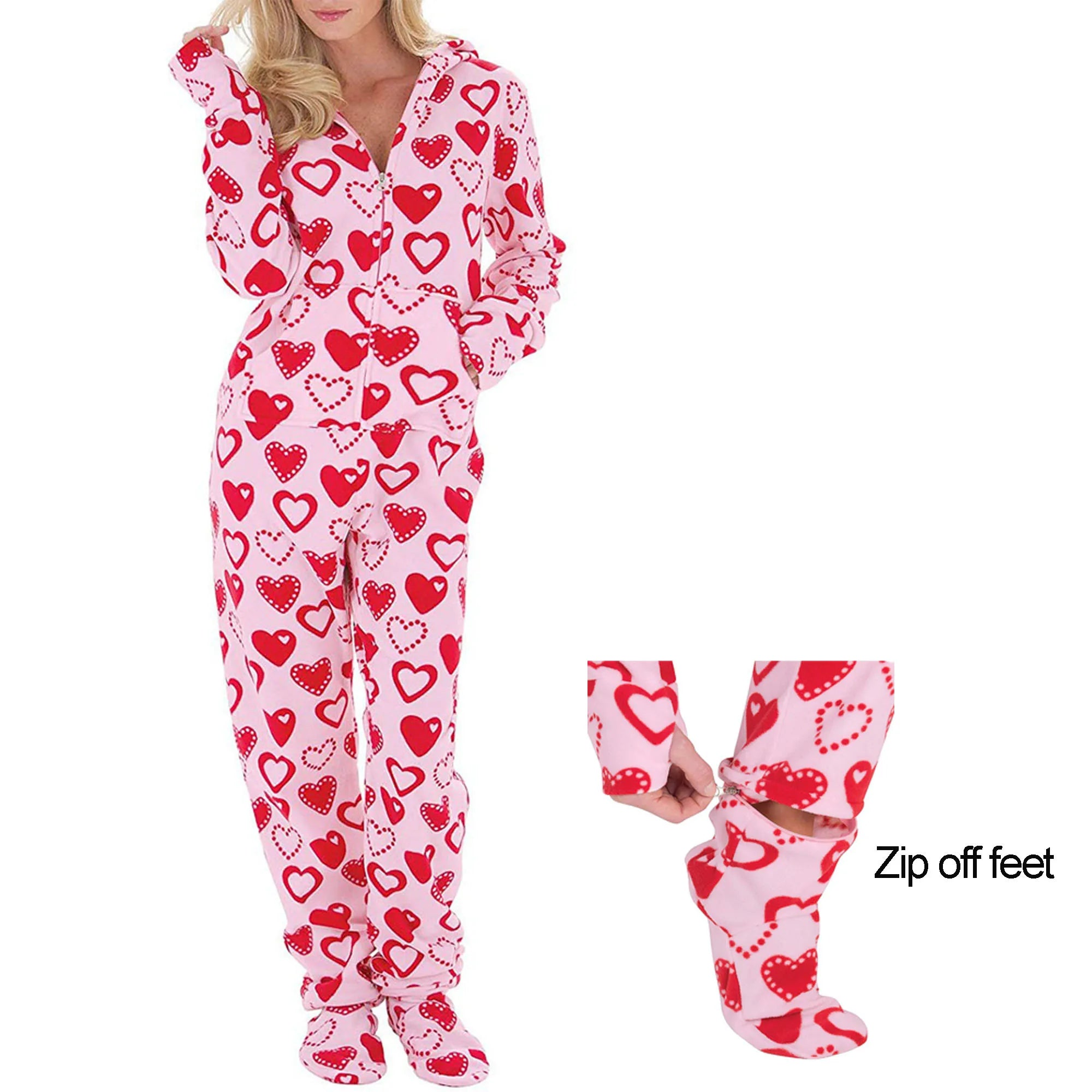 Red Hearts Pink Fleece Onesie Footed Pajamas