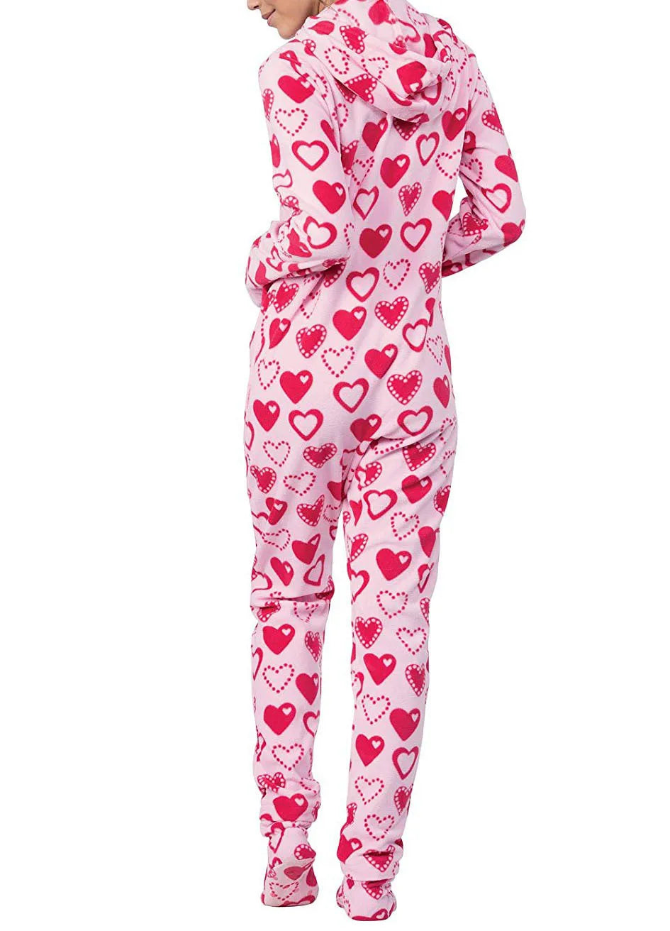 Red Hearts Pink Fleece Onesie Footed Pajamas