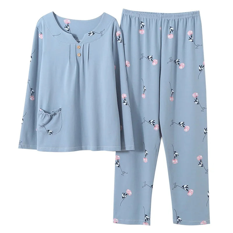 V-Neck Long Sleeve Floral Print Nightwear Cotton Sleepwear
