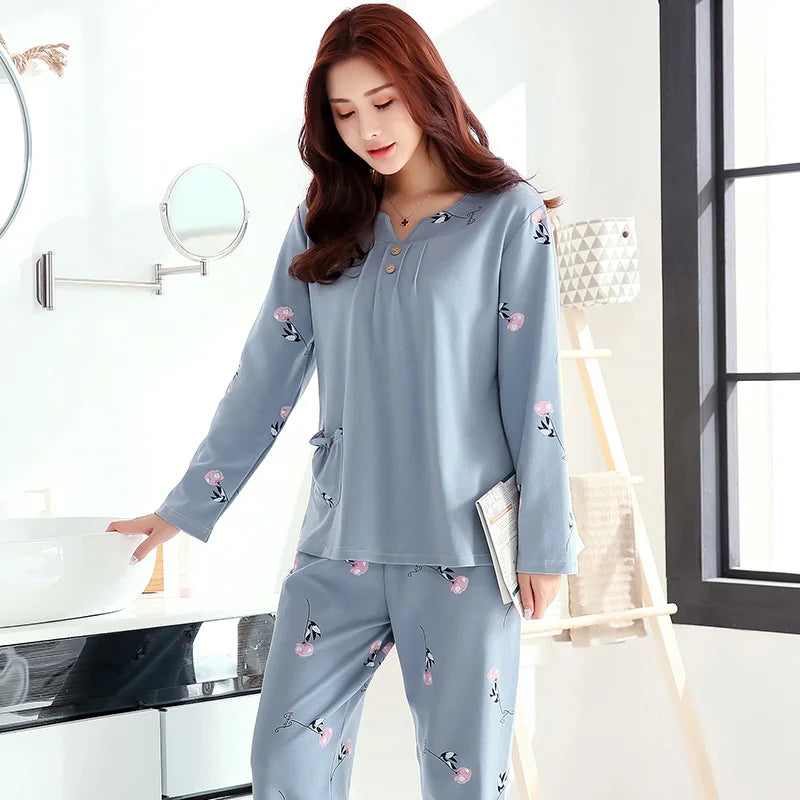 V-Neck Long Sleeve Floral Print Nightwear Cotton Sleepwear