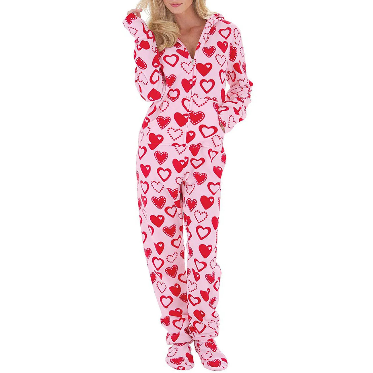 Red Hearts Pink Fleece Onesie Footed Pajamas