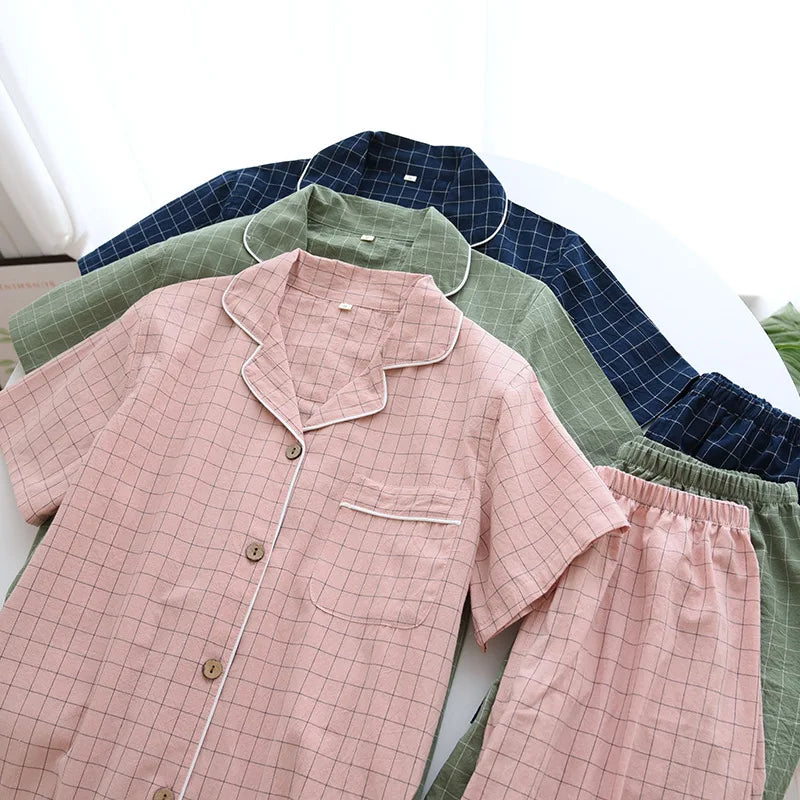 Spring New Couple Pajamas Two-Piece Plaid Short-Sleeved Shorts 100% Cotton Gauze Sleepwear