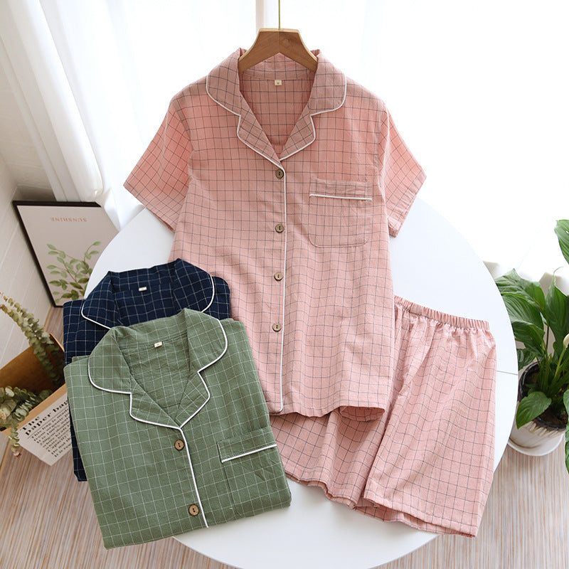 Spring New Couple Pajamas Two-Piece Plaid Short-Sleeved Shorts 100% Cotton Gauze Sleepwear