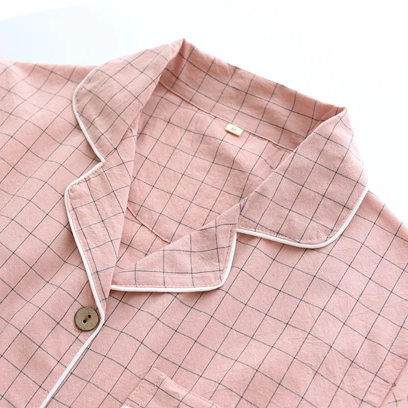Spring New Couple Pajamas Two-Piece Plaid Short-Sleeved Shorts 100% Cotton Gauze Sleepwear