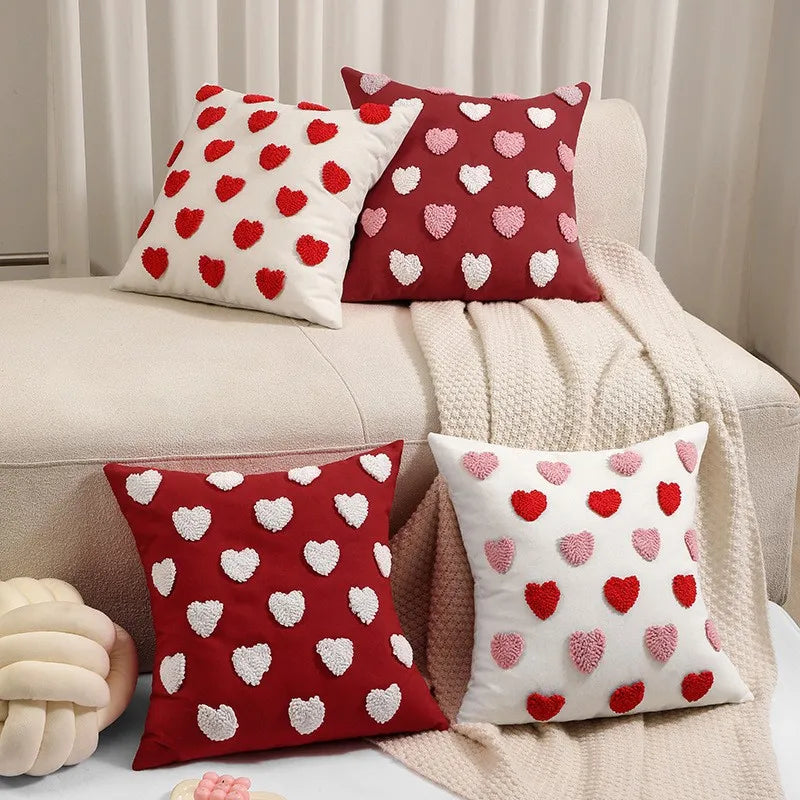 Embroidered Heart Love Cushion Pillow Cover Textured Tufted 3D Design