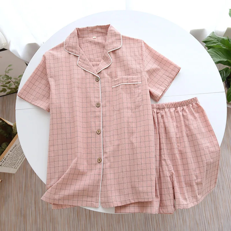 Spring New Couple Pajamas Two-Piece Plaid Short-Sleeved Shorts 100% Cotton Gauze Sleepwear
