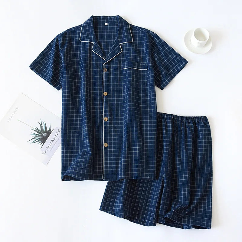 Spring New Couple Pajamas Two-Piece Plaid Short-Sleeved Shorts 100% Cotton Gauze Sleepwear