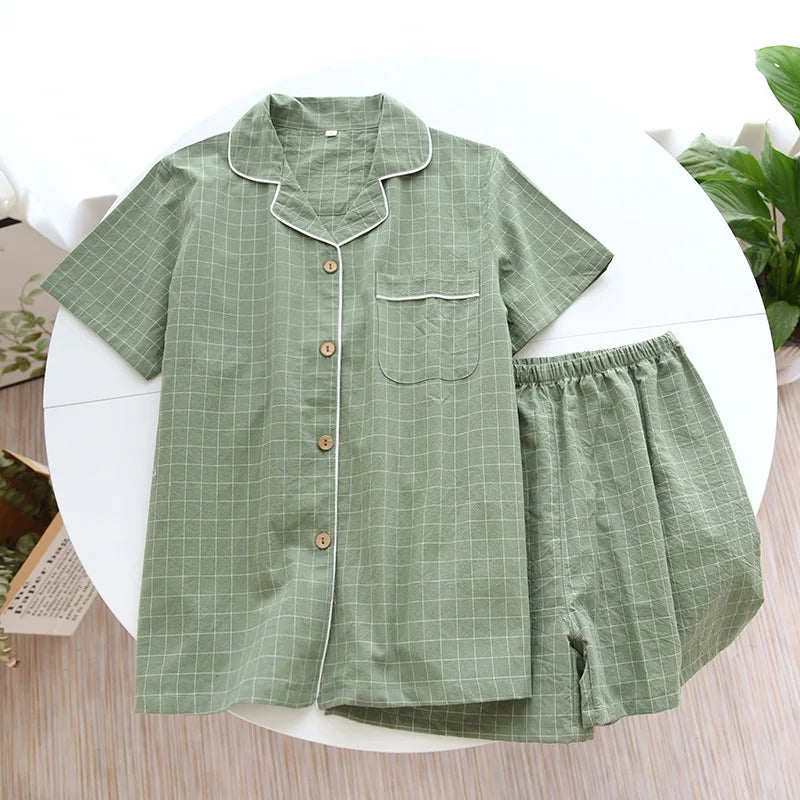Spring New Couple Pajamas Two-Piece Plaid Short-Sleeved Shorts 100% Cotton Gauze Sleepwear