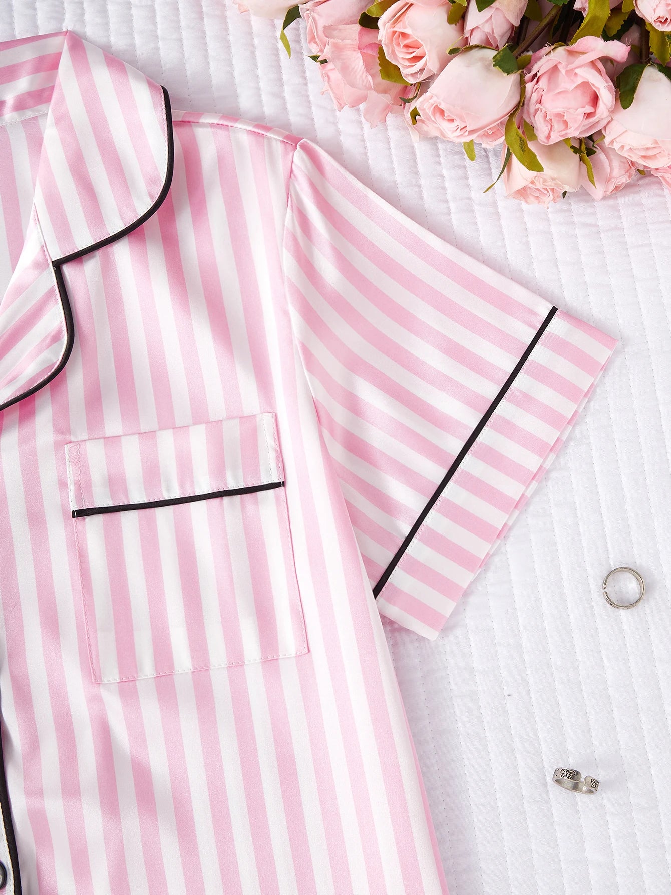Satin Comfortable Soft Short Sleeve Striped Elastic Waist Loungewear
