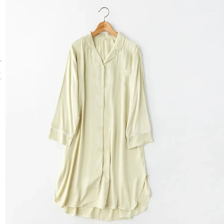 Women Long-sleeved Satin Pocket Sleep Dress