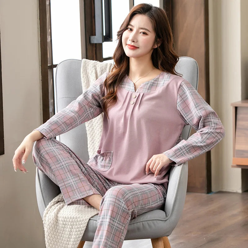 V-Neck Long Sleeve Floral Print Nightwear Cotton Sleepwear